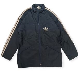 80s Adidas Navy Windbreaker Jacket with Cream Stripes - S